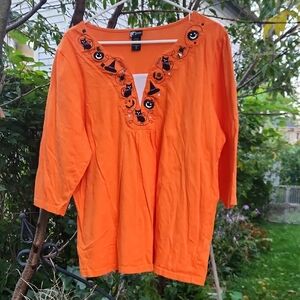 Vintage Holiday Editions, Women's Orange Embroidered Beaded Fun Halloween Top 1X